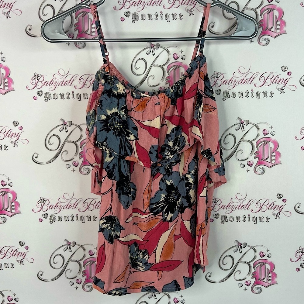 Billabong tank top flowy crinkle material Pink and Black Floral Camisole